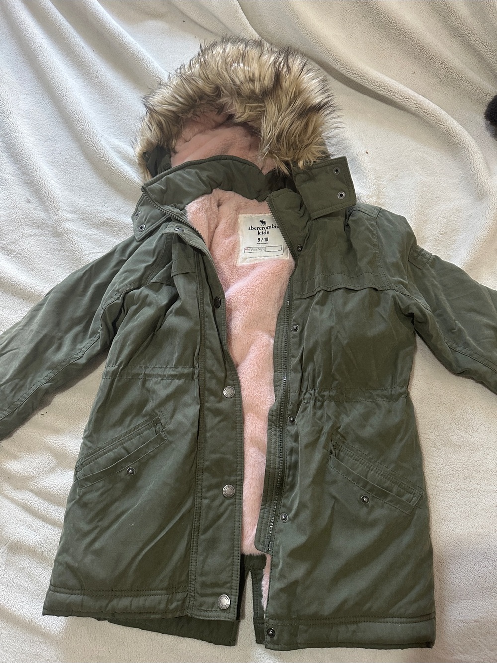 abercrombie kids olive parka with pink sherpa hood lining